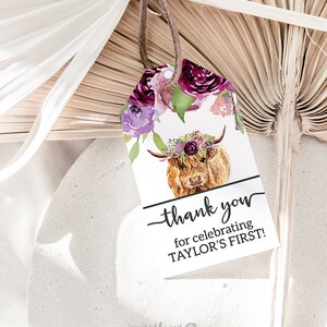 Editable Holy Cow Birthday Favor Tags, Purple Highland Cow Bottle ...
