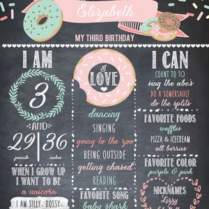 Tablero de cumpleaños de donut, signo de cumpleaños de hitos, cartel de cumpleaños de estadísticas de donut pastel, cualquier edad, primer incl. Tablero imprimible personal, DIGITAL imagen 4