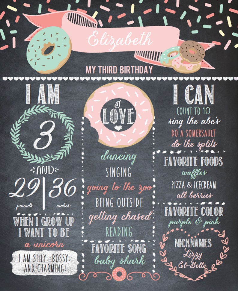 Tablero de cumpleaños de donut, signo de cumpleaños de hitos, cartel de cumpleaños de estadísticas de donut pastel, cualquier edad, primer incl. Tablero imprimible personal, DIGITAL imagen 4