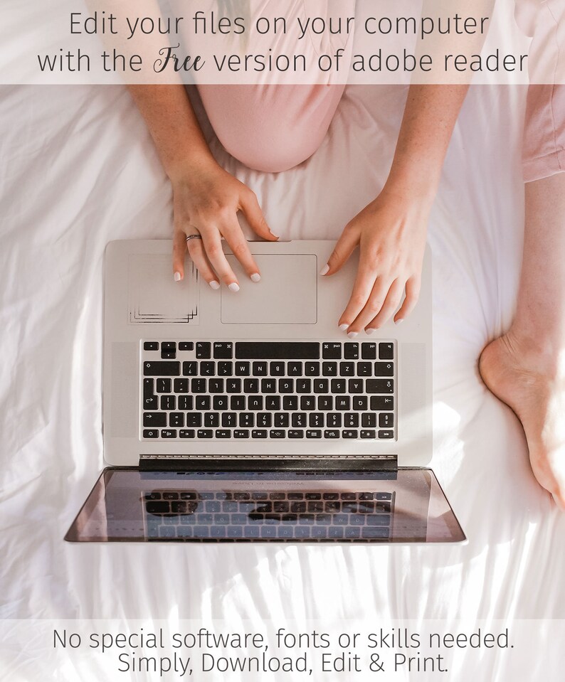 May include: A person is using a laptop computer with a white background. The text on the screen reads "Edit your files on your computer with the Free version of adobe reader. No special software, fonts or skills needed. Simply, Download, Edit & Print."