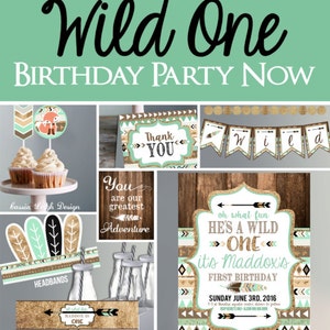 Wild One Birthday Invitation with Decor brown mint teal and gold Tribal First Birthday Party BOY Printable Invite and Decor image 7