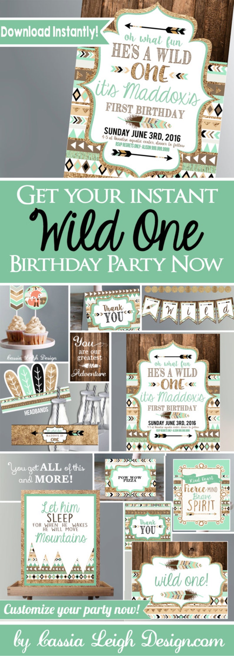 Wild One Birthday Invitation with Decor brown mint teal and gold Tribal First Birthday Party BOY Printable Invite and Decor image 7