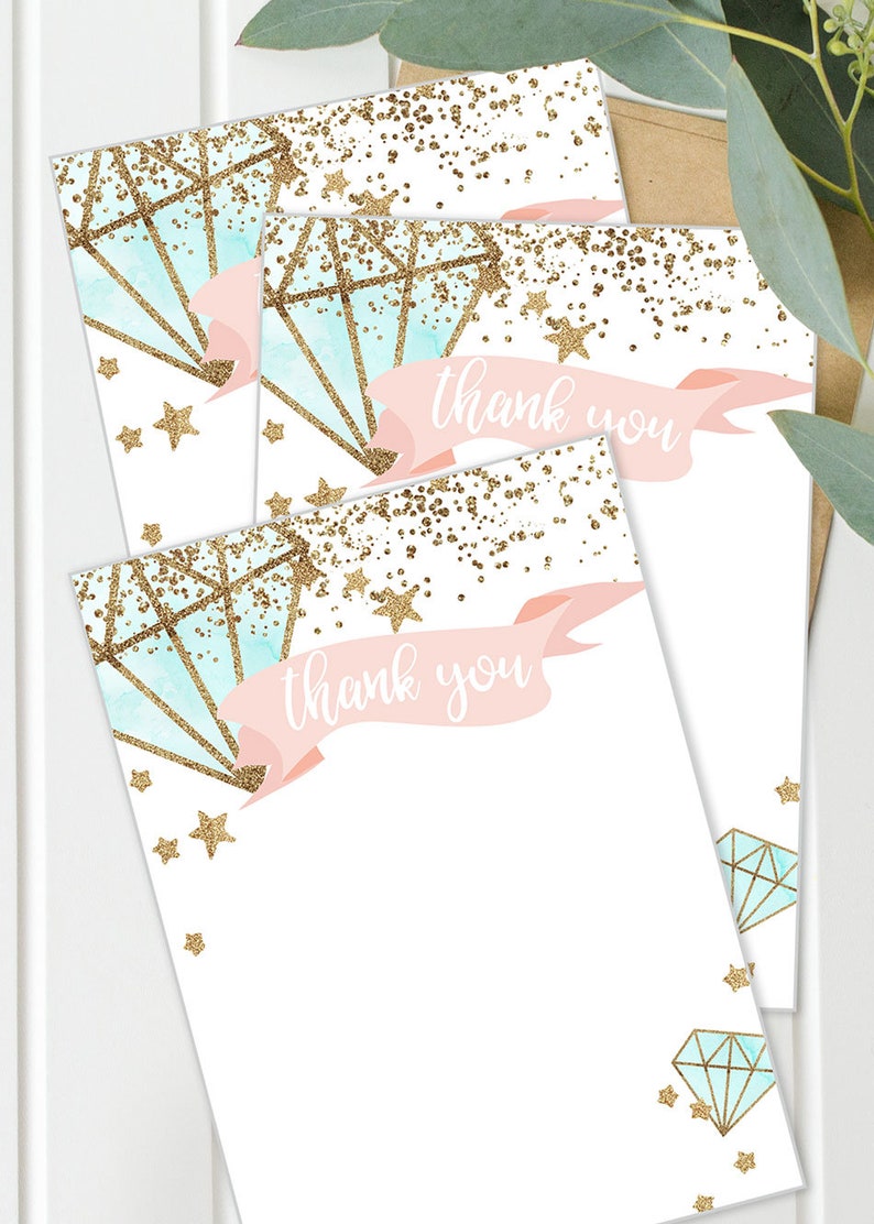 Kid's thank you card notes, gems and glitter, Blank Thank You Cards, Children's Thank You Card, Thank You Note, printable instant download image 2