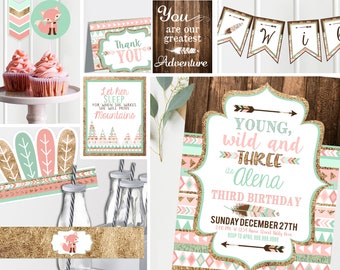 Pink Young Wild and Three Invitations - And Printable Decor - Pink and Mint - Girls 3rd Third Birthday Party - Instant Download