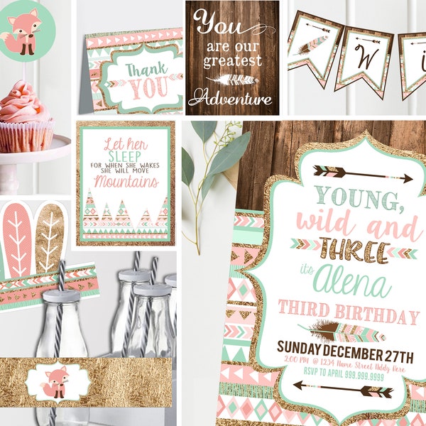 Pink Young Wild and Three Invitations - And Printable Decor - Pink and Mint - Girls 3rd Third Birthday Party - Instant Download