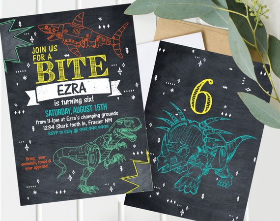 Dinosaur Invite, Dinosaur Shark Birthday, Dinosaur Birthday Invitation - Shark Birthday, Boys birthday party - Instant Download Il_570xn