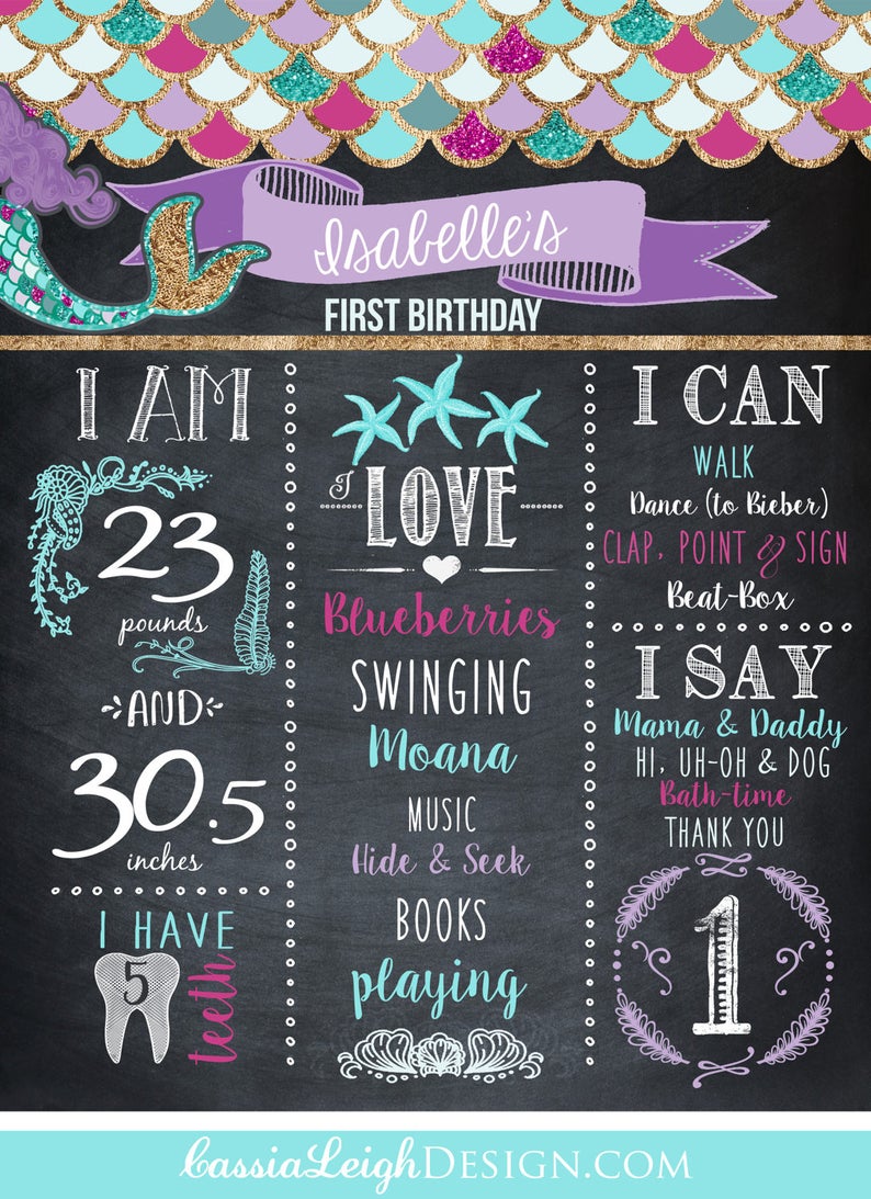Mermaid Birthday Chalkboard Sign Purple and Teal Mermaid Birthday Party Custom Digital Download image 3