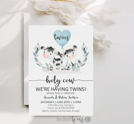 Holy Cow We're Having TWINS, Blue Boy Twins + Cow Shower Invitation, Farm Shower, Boys Twin Baby Shower, Editable, Printable , Template Il_570xn