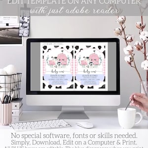 May include: Editable digital invitation template for a baby's first birthday party. The template features a pink and white cow print design with the text "holy cow Olivia is one!" and a pink and white gingham pattern. The text "Edit Template on Any Computer with just Adobe Reader" is displayed above the template.