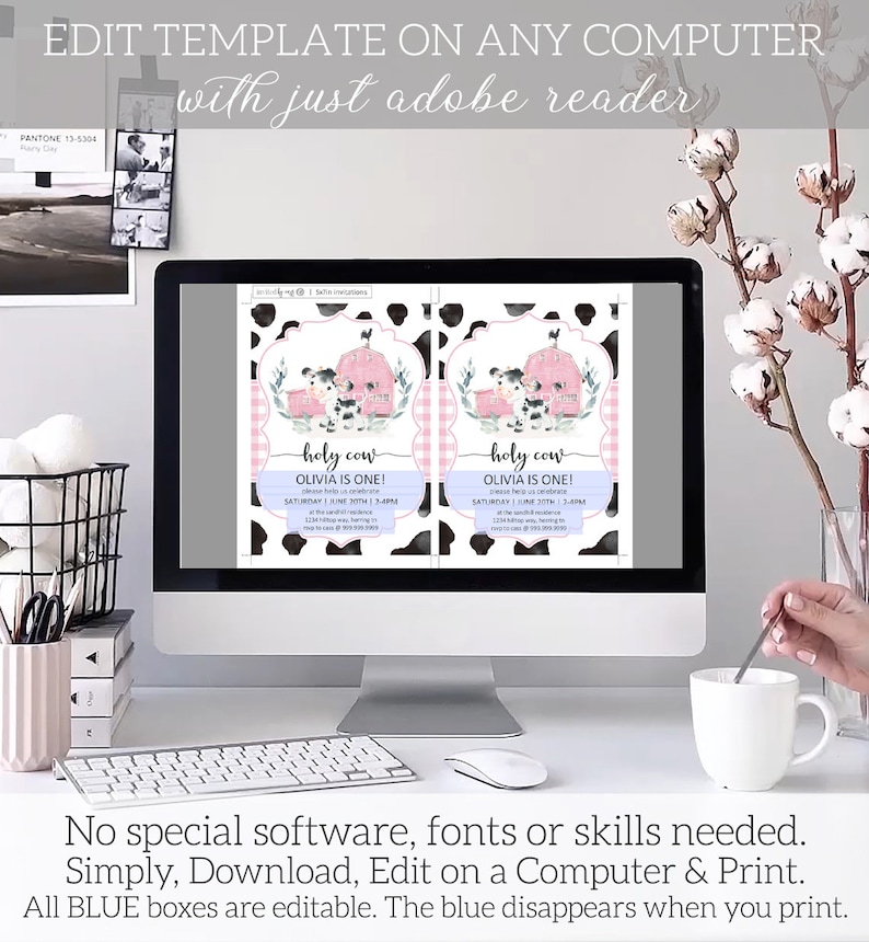 May include: Editable digital invitation template for a baby's first birthday party. The template features a pink and white cow print design with the text "holy cow Olivia is one!" and a pink and white gingham pattern. The text "Edit Template on Any Computer with just Adobe Reader" is displayed above the template.