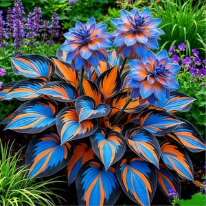 May include: A vibrant plant with large, heart-shaped leaves and striking blue and orange patterns. The plant features several large, blue and orange flowers, set against a backdrop of green foliage and other purple flowers.