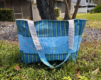 Boho Floral Tote/Overnight Bag- MEDIUM size (stripes w/ blue batik)