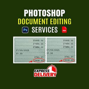 Könnte beinhalten: Werbung für Photoshop-Dokumentbearbeitungsdienste. Der Text enthält "PHOTOSHOP DOCUMENT EDITING SERVICES" mit "Ps"- und PDF-Symbolen. Zwei Dokumentbilder nebeneinander zeigen numerische Daten mit roten Pfeilen. Unten befindet sich ein "EXPRESS DELIVERY"-Logo.
