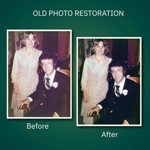 May include: Image comparing a faded photograph before and after restoration. The 'Before' image shows a couple in vintage attire, while the 'After' image displays the restored photo with enhanced colors and clarity. Text at the top reads 'OLD PHOTO RESTORATION'.