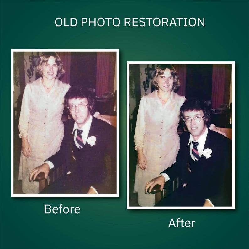 May include: Image comparing a faded photograph before and after restoration. The 'Before' image shows a couple in vintage attire, while the 'After' image displays the restored photo with enhanced colors and clarity. Text at the top reads 'OLD PHOTO RESTORATION'.