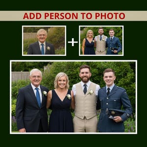 Fügen Sie eine Person zum Foto hinzu, realistische Porträtzusammenführung und der Inklusionsservice für geliebte Personen