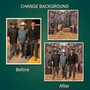 May include: The image shows a comparison of a photo before and after a background change. The "Before" photo features three men in casual attire. The "After" photo shows the same men with a rustic barn backdrop, complete with hay bales and cowboy hats.