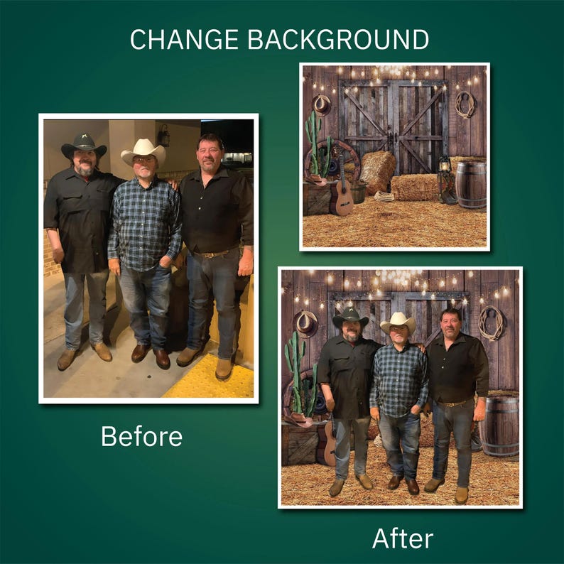 May include: The image shows a comparison of a photo before and after a background change. The "Before" photo features three men in casual attire. The "After" photo shows the same men with a rustic barn backdrop, complete with hay bales and cowboy hats.