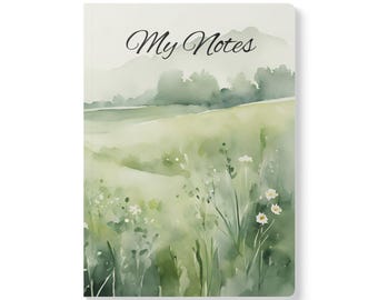 May include: A notebook with a watercolor landscape design. The cover features a green field with white flowers and rolling hills under a cloudy sky. The words "My Notes" are written in elegant script at the top.