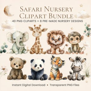 Könnte beinhalten: Ein digitales Kunstpaket mit Aquarellillustrationen von Safari-Tieren, darunter ein Elefant, eine Giraffe, ein Löwe, ein Affe, ein Bär, ein Panda, ein Tiger und ein Zebra. Der Text lautet "Safari Nursery Clipart Bundle".