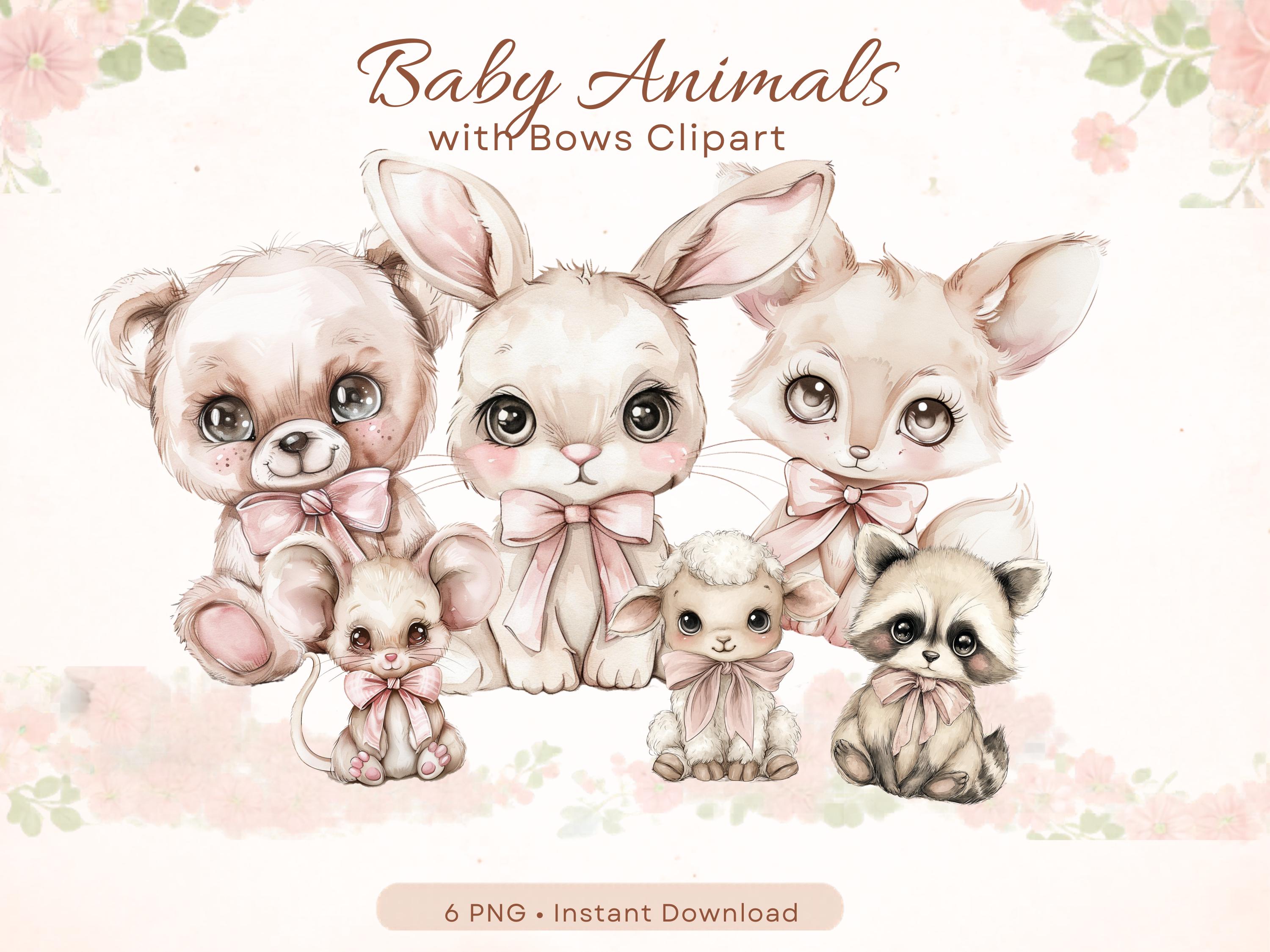 Baby Animals Clipart With Bows, Cute Baby Animal PNG, Baby Shower ...