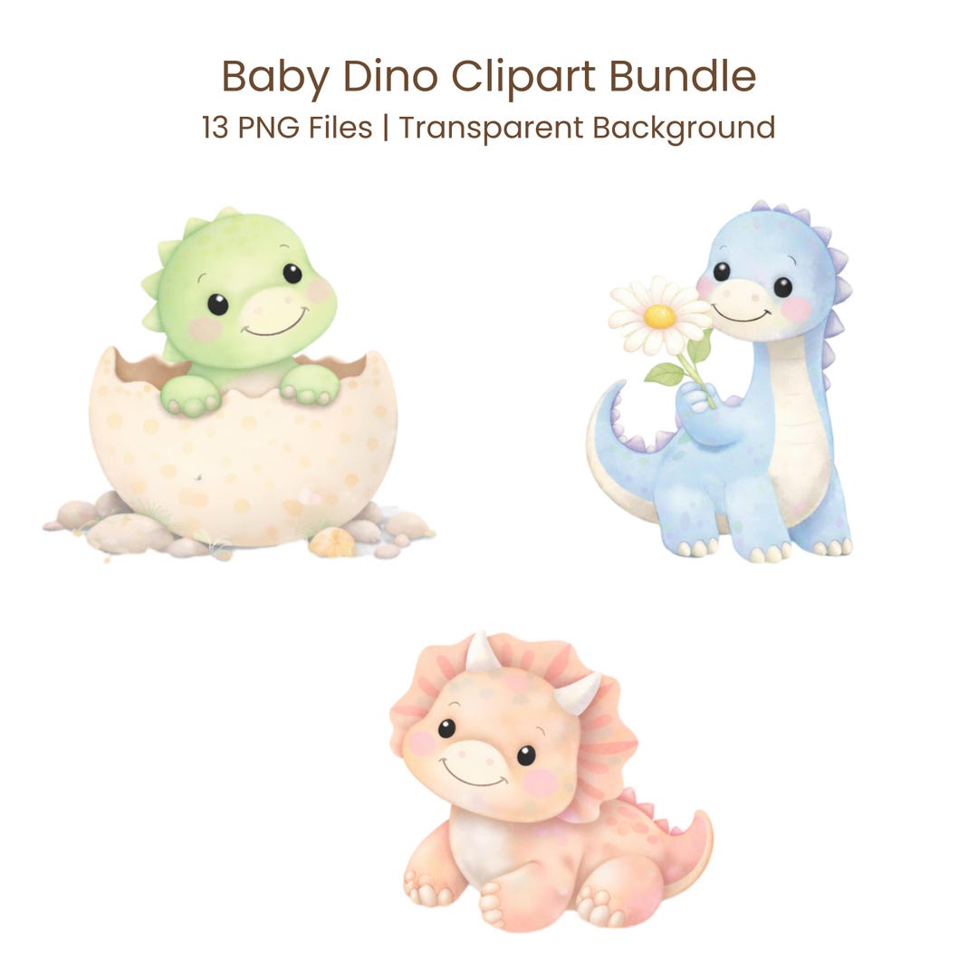 Baby Dino Clipart Bundle | Cute Baby Dinosaur PNG | 13 Dinosaur Clipart ...