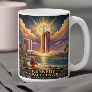 Könnte beinhalten: Weiße Keramik-Tasse mit einer farbenfrohen Illustration eines Raketenstarts im Kennedy Space Center. Das Design zeigt die amerikanische Flagge, einen Vollmond und den Text "KENNEDY SPACE CENTER AMERICA 250+". Im Hintergrund ist eine rosa Tasse zu sehen.