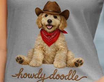 Howdy doodle goldendoodle puppy tanktop, v-hals dames, schattig cowboy hondenshirt, western huisdier minnaar cadeau, grappige hond moeder kleding