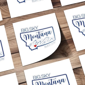 Pegatina con el contorno de Big Sky Montana, calcomanía de la cordillera, ubicación en forma de corazón con elevación de 7218 pies, pegatinas de recuerdo de viaje con mapa del estado, regalo de aventura