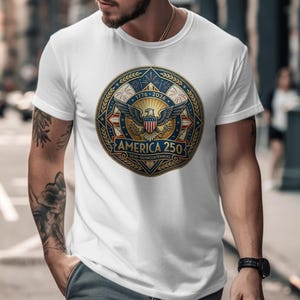 White t-shirt with "America 250 Semi-Quincentennial" emblem featuring fireworks and eagle.