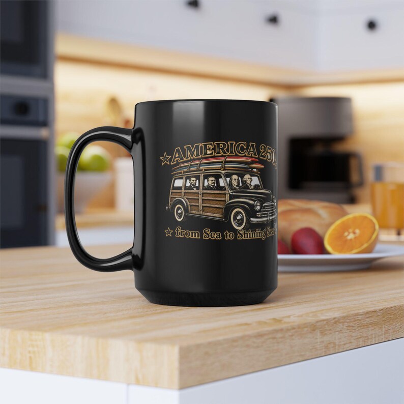 Black mug with "America 250" and "from Sea to Shining Sea" graphic.