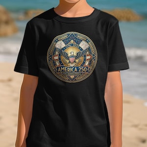 T-shirt with America 250 Semi-Quincentennial logo featuring eagle and stars.