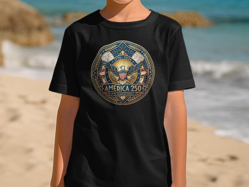 T-shirt with America 250 Semi-Quincentennial logo featuring eagle and stars.