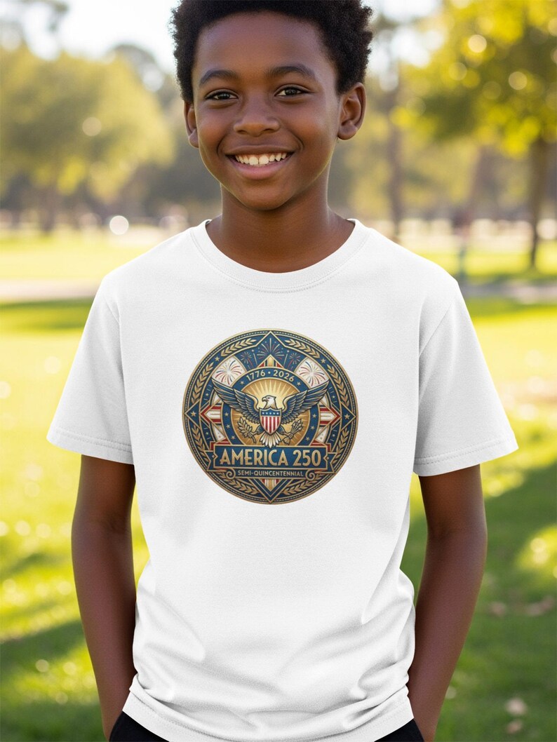 Child wearing a white t-shirt with a circular "America 250" emblem.