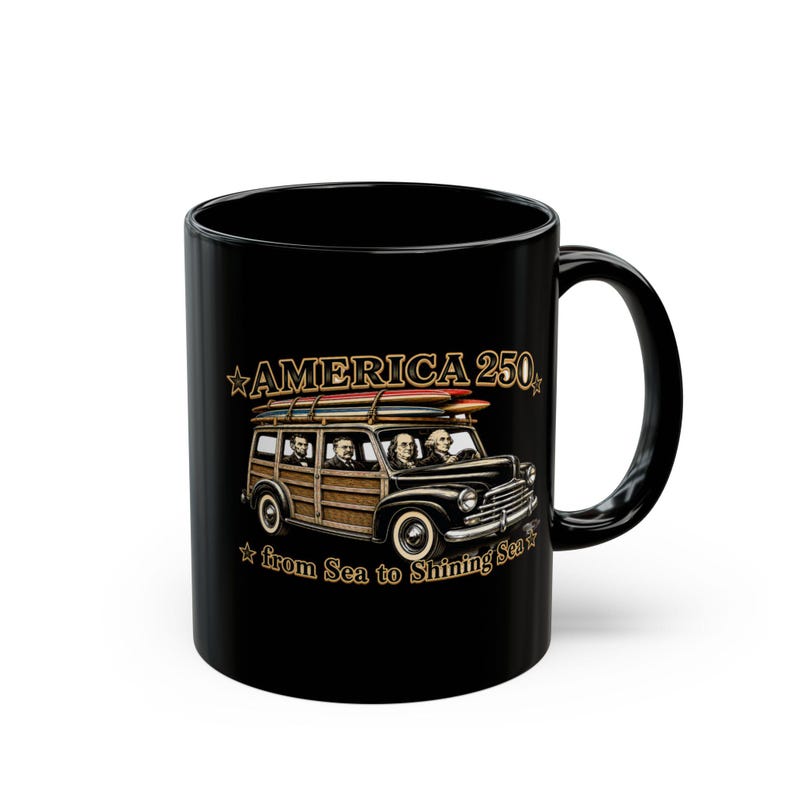 Black mug with "AMERICA 250" and woody car graphic.
