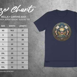 Bella + Canvas 3001 unisex tee size chart with measurements.