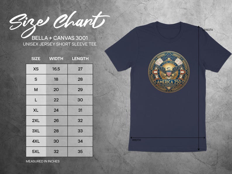 Bella + Canvas 3001 unisex tee size chart with measurements.