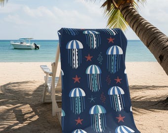 Blue Jellyfish Starfish Beach Towel, Ocean Pattern, Nautical Marine Life, Summer Poolside Aesthetic, Underwater Sea Creature, Vacation
