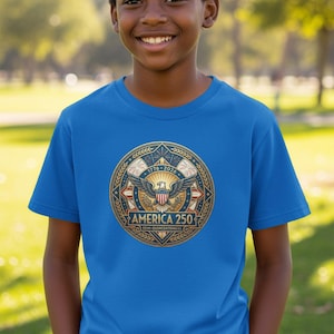 Blue t-shirt with "America 250" seal featuring eagle and stars.