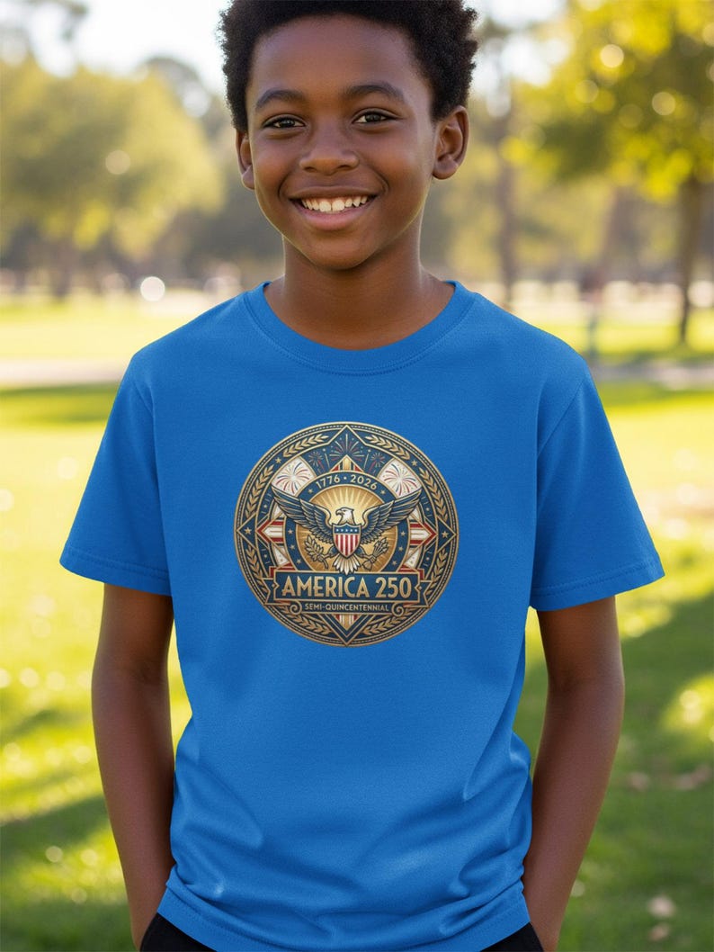 Blue t-shirt with "America 250" seal featuring eagle and stars.