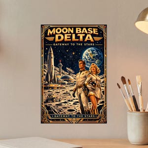 Peut inclure: Une affiche de style vintage avec le texte "MOON BASE DELTA - GATEWAY TO THE STARS". L'œuvre représente une scène spatiale rétro avec une fusée, des bâtiments futuristes et un couple en combinaisons spatiales sur une surface lunaire.