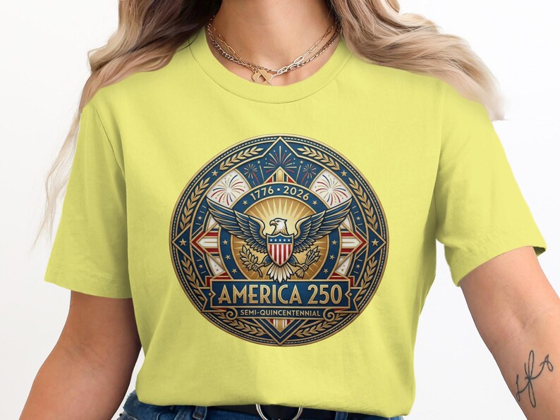 Yellow t-shirt with America 250 Semi-Quincentennial circular emblem featuring an eagle.