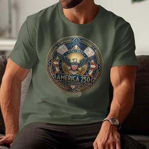 Green t-shirt with America 250 semicentennial eagle logo.