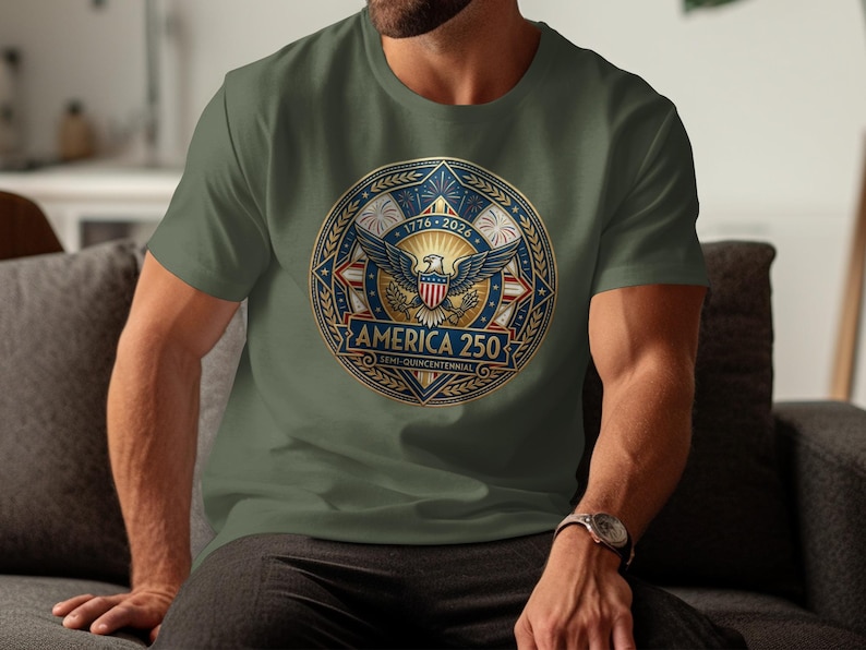 Green t-shirt with America 250 semicentennial eagle logo.