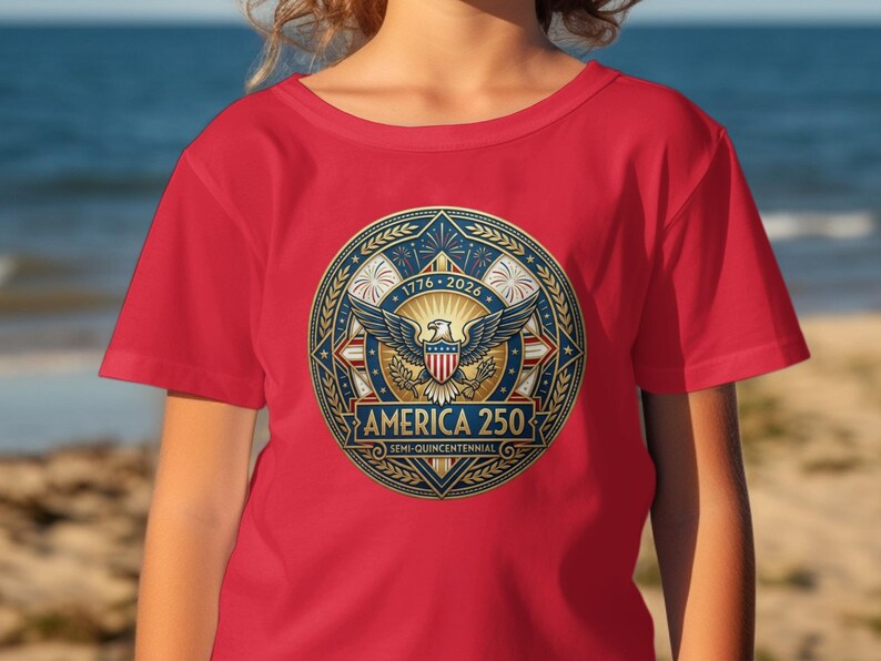 Red t-shirt with circular "America 250" emblem featuring eagle and fireworks.
