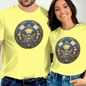 Two people wear yellow t-shirts featuring "America 250 Semi-Quincentennial" graphic.