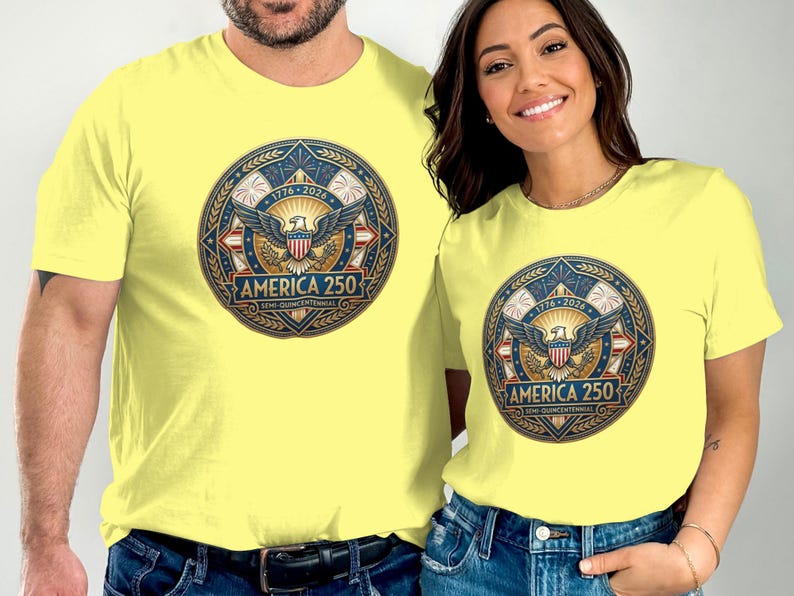 Two people wear yellow t-shirts featuring "America 250 Semi-Quincentennial" graphic.