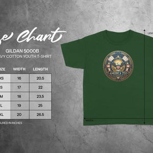 Gildan 5000B size chart showing sizes XS, S, M, L, XL and corresponding width and length measurements.