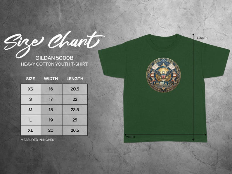 Gildan 5000B size chart showing sizes XS, S, M, L, XL and corresponding width and length measurements.