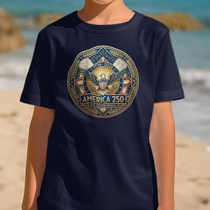Navy t-shirt with America 250 Semi-Centennial badge design.